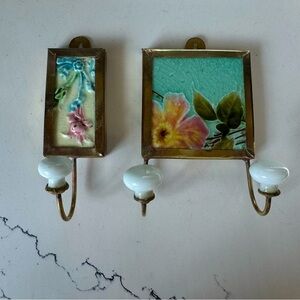 Handmade Brass and Tile Wall Hooks - Set of 2 - Wholesome Floral Pink Turquoise